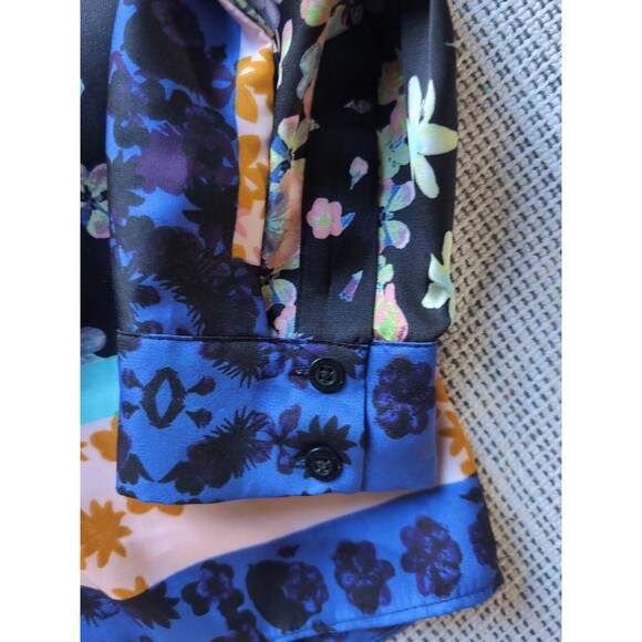 RACHEL ROY L Silky Kimono Blouse Blue & Gold Floral Button Up Collarless Top - Picture 6 of 12